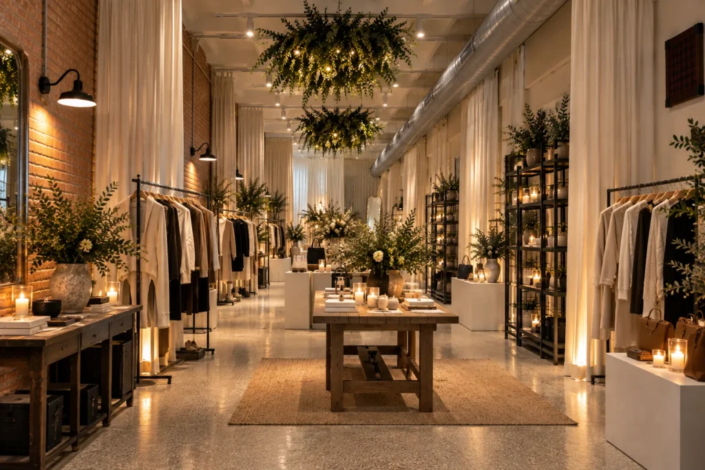 Showroom de moda con percheros, peanas blancas y velas en Spazio Galvany