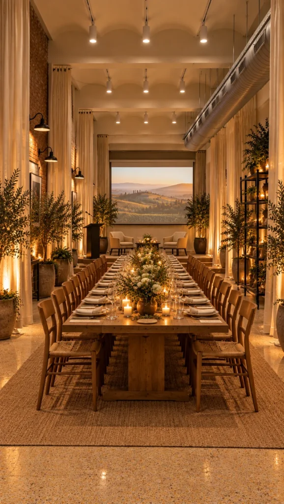 Mesa larga de cena con pantalla de proyección al fondo en Spazio Galvany, Barcelona